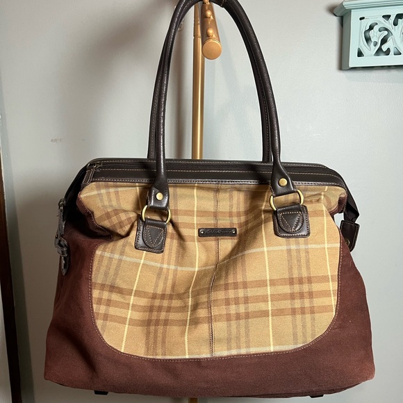 Eddie Bauer Brown and Tan Travel Duffel Bag with Plaid Pattern - Picture 1 of 6